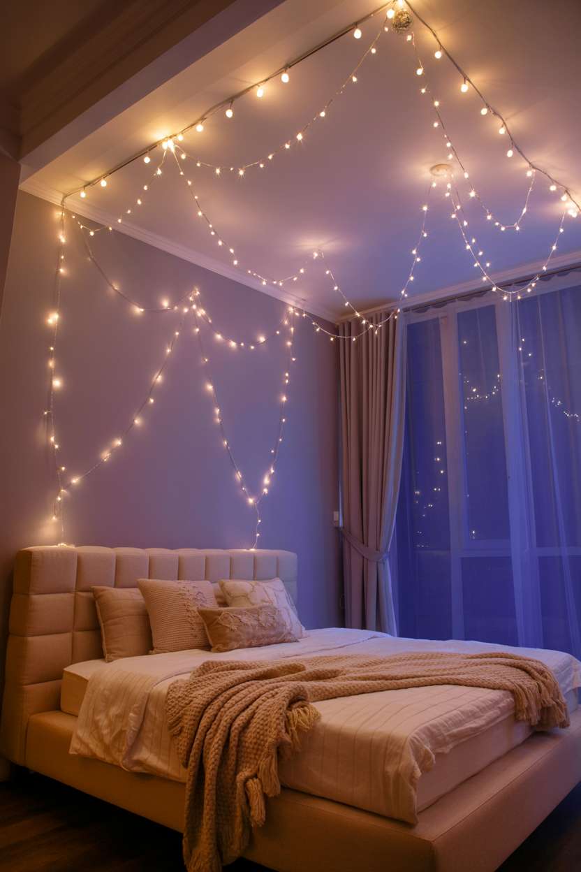 Bedroom at night with fairy lights arranged in constellation patterns on ceiling and walls, cream bed with knit throw