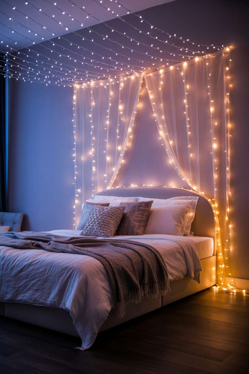 Bedroom with fairy lights woven across ceiling creating canopy effect, white bed with gray throw, lavender walls