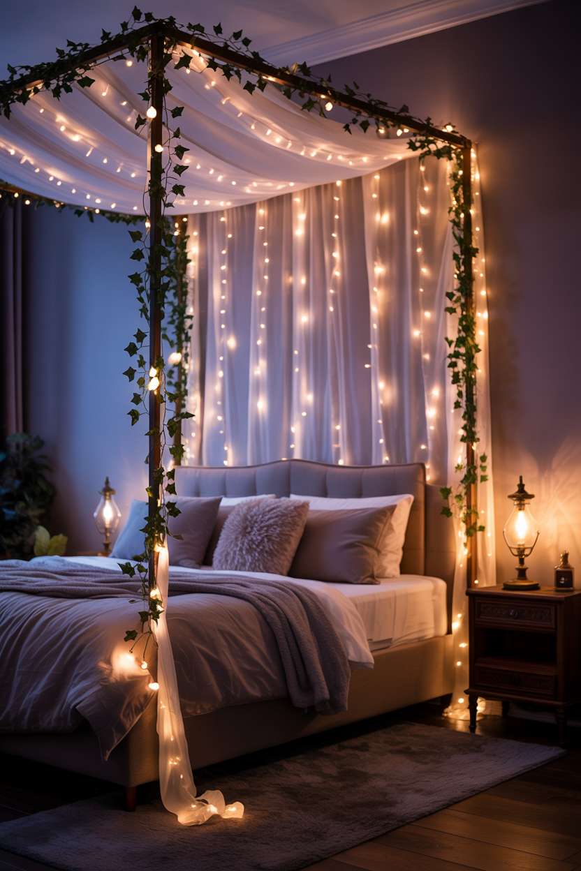 Bedroom with fairy light canopy interwoven with artificial ivy, king bed with gray linens, lavender walls, vintage nightstand
