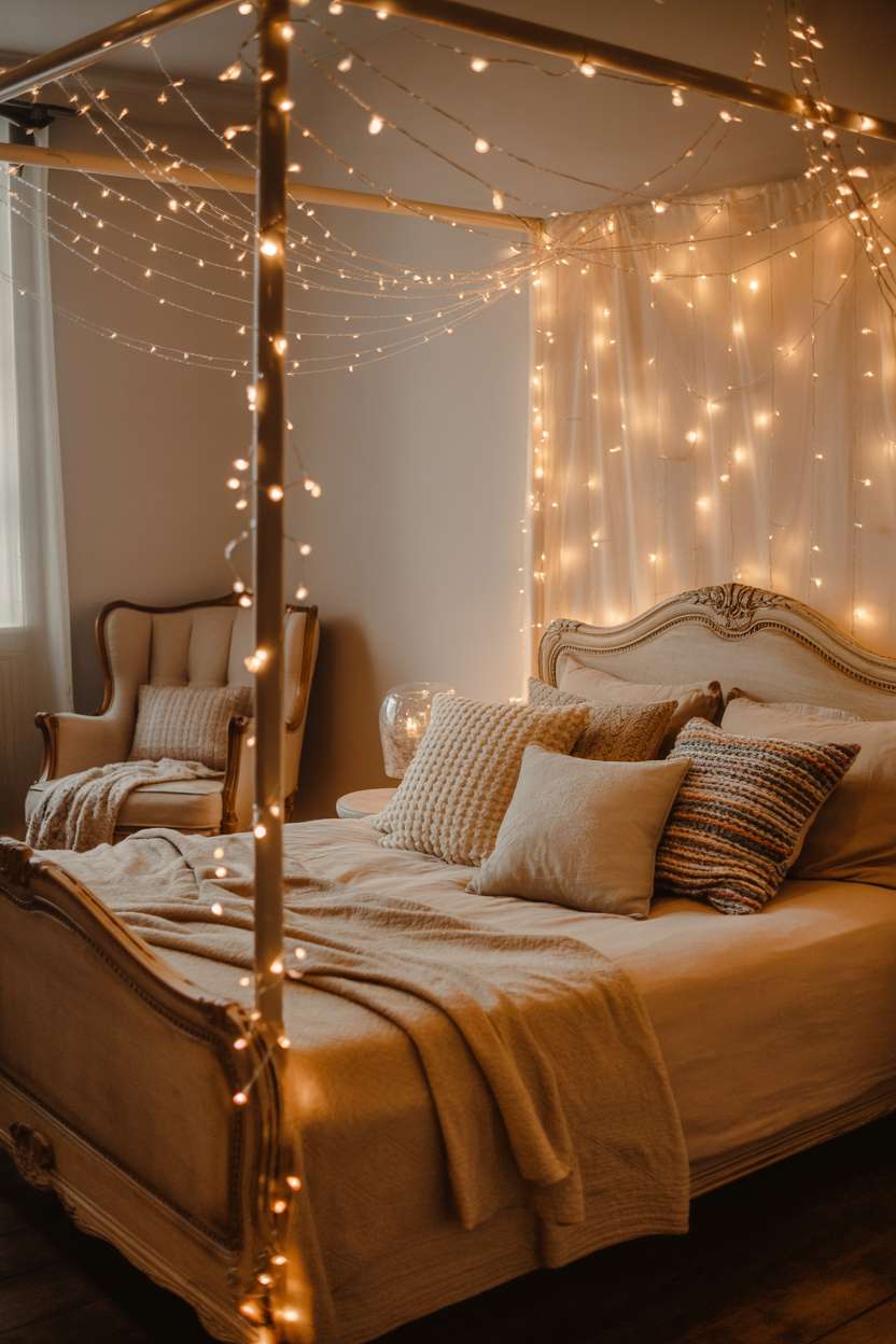 A fairy lights bedroom decor