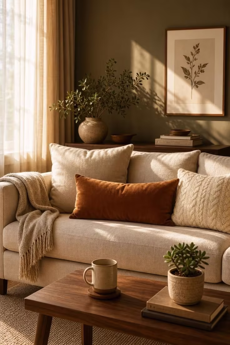 15 Cozy Fall Apartment Decor Ideas for a Seasonal Refresh 1 Cinnamon velvet lumbar pillow arranged with oatmeal linen cushions on a neutral sofa in warm afternoon light