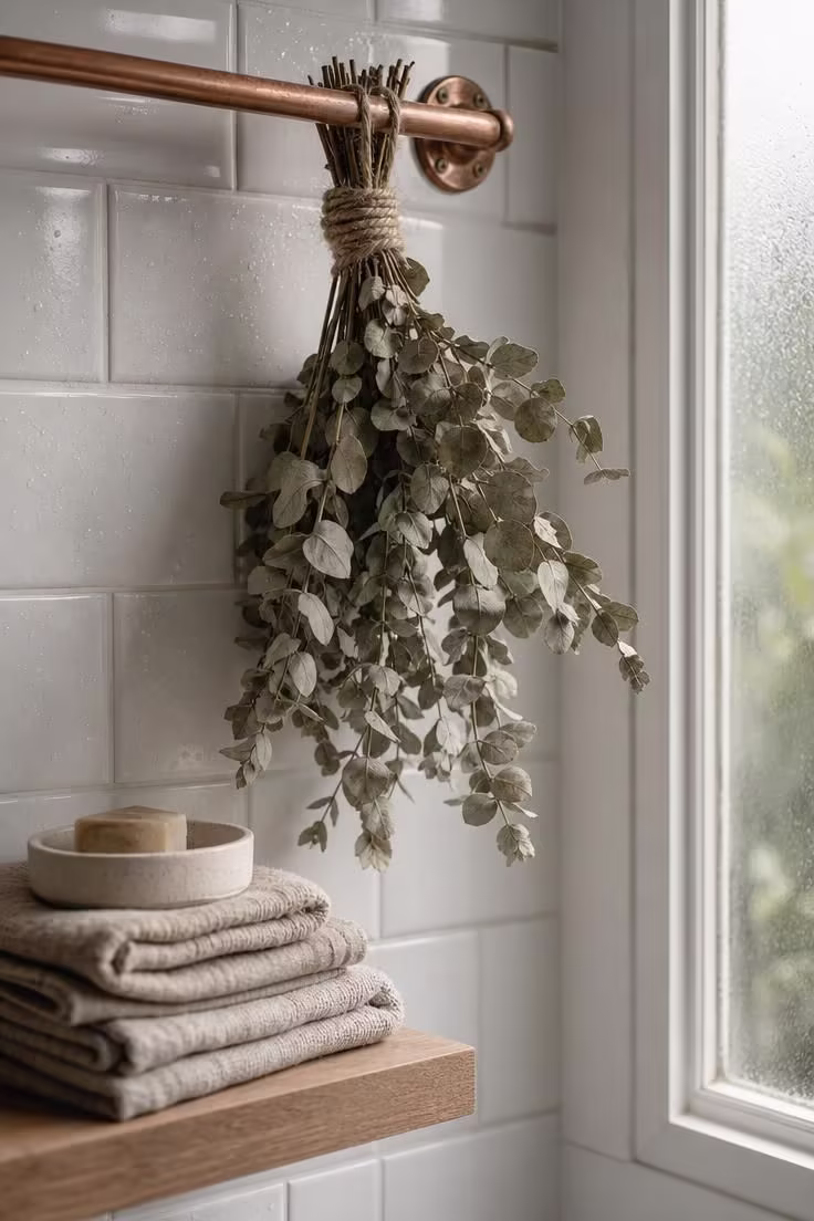 15 Cozy Fall Apartment Decor Ideas for a Seasonal Refresh 2 Dried eucalyptus bundle hanging from a copper towel bar in a white-tiled bathroom with soft diffused light