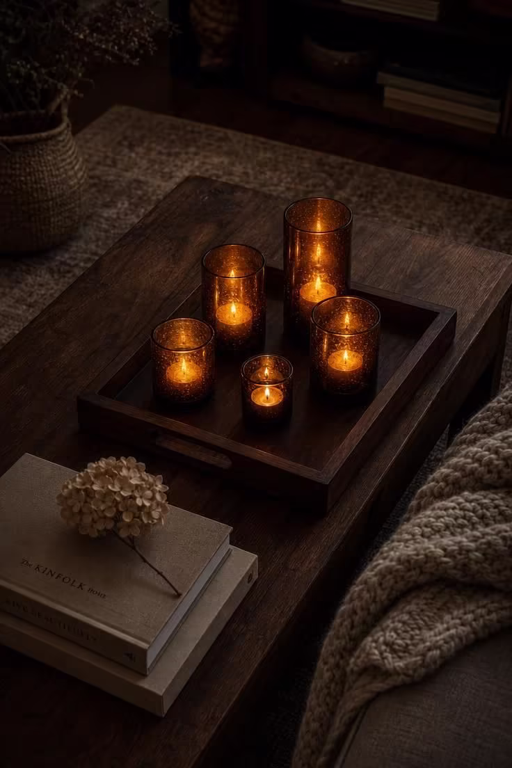 15 Cozy Fall Apartment Decor Ideas for a Seasonal Refresh 3 Cluster of amber glass votives arranged on a walnut serving tray on a coffee table in moody low light