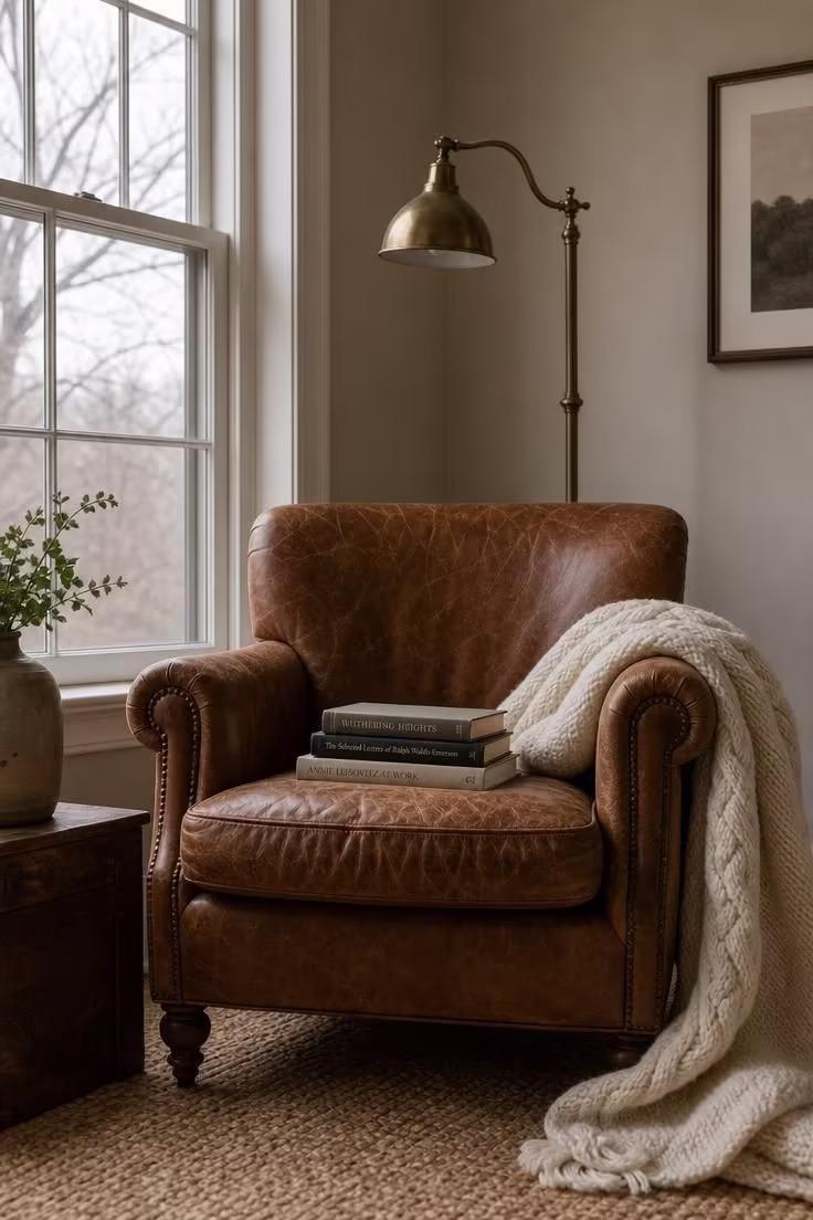 15 Cozy Fall Apartment Decor Ideas for a Seasonal Refresh 4 Chunky cable-knit throw draped over a cognac leather reading chair in cool overcast daylight