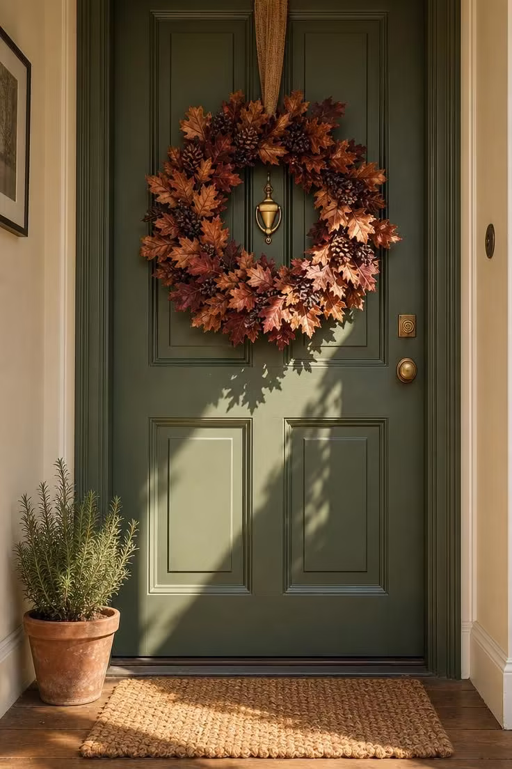 15 Cozy Fall Apartment Decor Ideas for a Seasonal Refresh 5 Wreath of preserved oak leaves and dried berries on a sage green apartment front door in bright midday light
