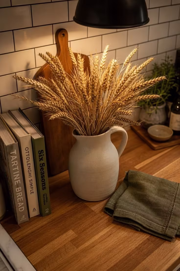 15 Cozy Fall Apartment Decor Ideas for a Seasonal Refresh 6 Stoneware pitcher filled with dried wheat stalks on a wooden kitchen counter under warm pendant light