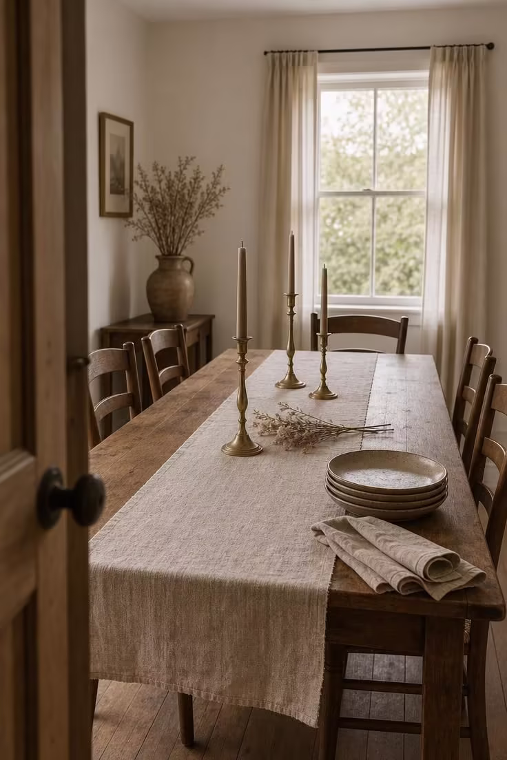 15 Cozy Fall Apartment Decor Ideas for a Seasonal Refresh 7 Layered linen table runner with brass taper candle holders on a wooden dining table in soft diffused light