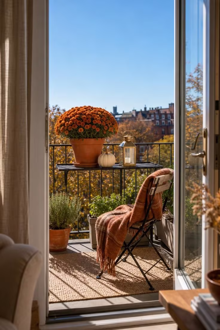 15 Cozy Fall Apartment Decor Ideas for a Seasonal Refresh 8 Terracotta pot with rust-orange potted mum on a balcony railing shelf beside a white pumpkin in bright midday light