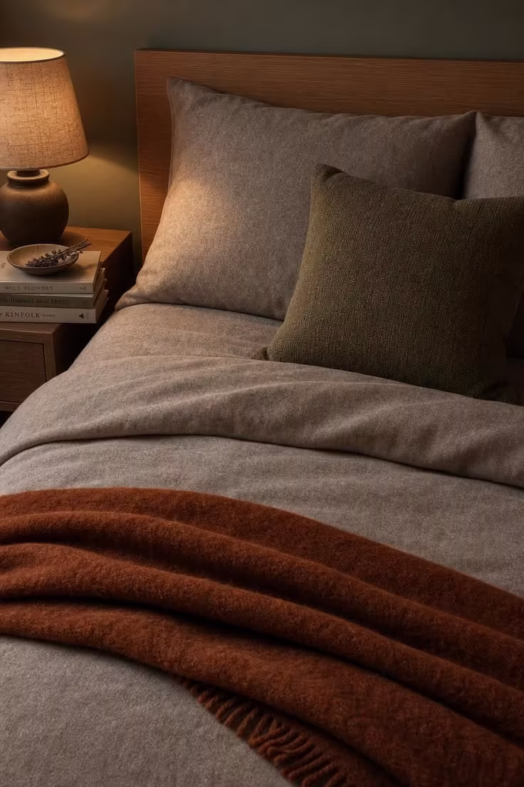 15 Cozy Fall Apartment Decor Ideas for a Seasonal Refresh 9 Flannel duvet cover in heather taupe with a burnt sienna throw and olive accent cushion on a bed in moody low light