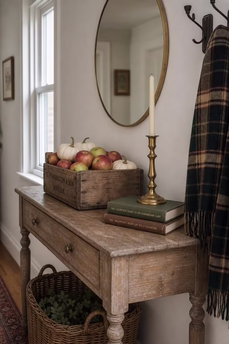 15 Cozy Fall Apartment Decor Ideas for a Seasonal Refresh 10 Wooden crate with heirloom apples and mini pumpkins on an entryway console table in cool overcast light