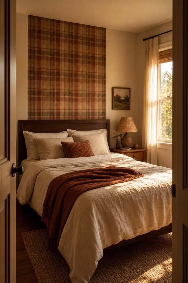 15 Cozy Fall Apartment Decor Ideas for a Seasonal Refresh 11 Peel-and-stick plaid accent wallpaper in camel and rust tones behind a bed headboard in warm afternoon light