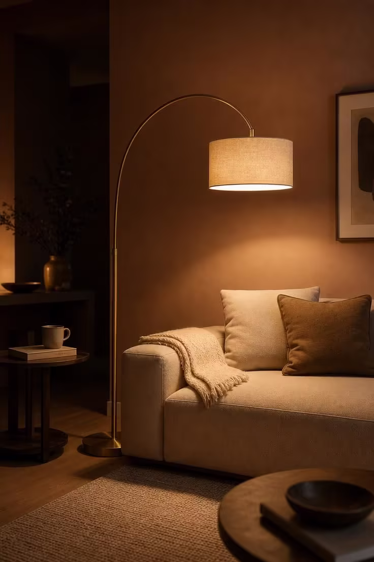 15 Cozy Fall Apartment Decor Ideas for a Seasonal Refresh 12 Brass floor lamp with a linen shade casting warm light on a sofa in a muted clay-toned living room
