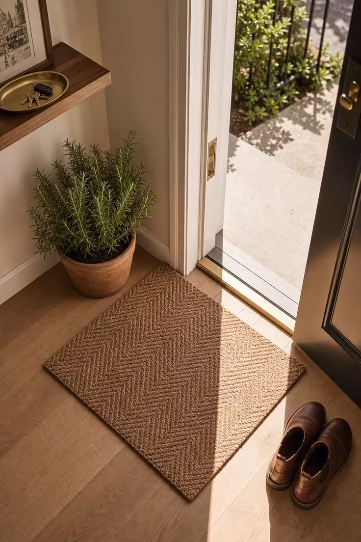 15 Cozy Fall Apartment Decor Ideas for a Seasonal Refresh 13 Woven jute doormat with potted rosemary plant at an apartment entry in bright midday light
