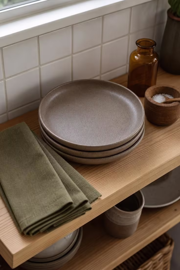 15 Cozy Fall Apartment Decor Ideas for a Seasonal Refresh 14 Olive linen napkins folded beside stacked stoneware plates on an open kitchen shelf in cool overcast light