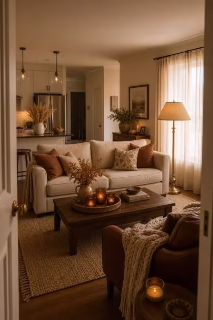 15 Cozy Fall Apartment Decor Ideas for a Seasonal Refresh Cozy apartment living room styled for fall with warm pillows, amber votives, a brass lamp, and a knit throw in soft afternoon light