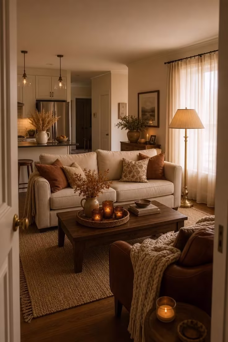 Simple Spaces 17 Cozy apartment living room styled for fall with warm pillows, amber votives, a brass lamp, and a knit throw in soft afternoon light