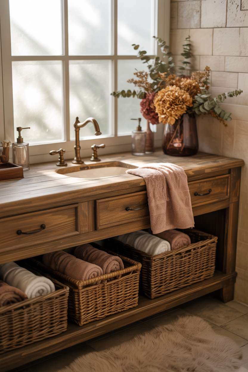 Stylish fall bathroom featuring rustic wooden vanity with antique brass faucets, woven baskets, and dried hydrangeas