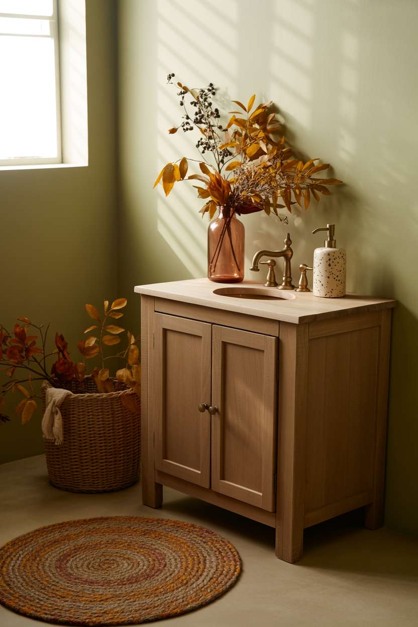 Warmly lit bathroom with sage green walls, rustic wooden vanity, and autumn-toned woven rug