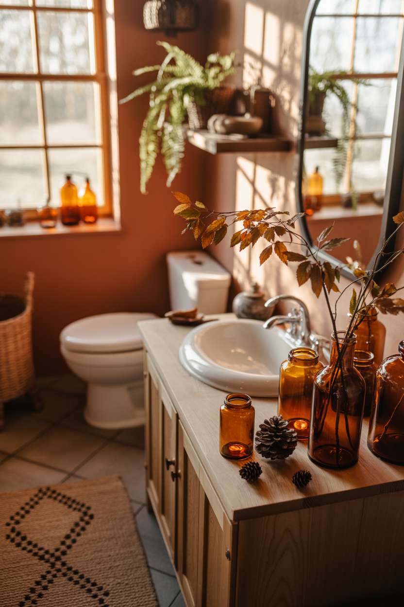 Cozy fall bathroom with terracotta walls, wooden vanity, amber glass jars, and geometric patterned rug