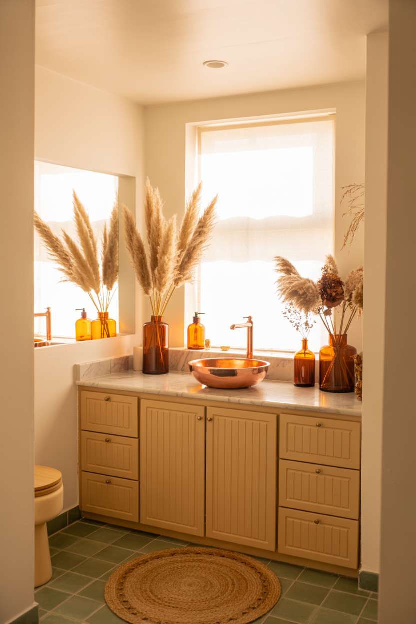 Stylish bathroom with cream vanity, marble countertop, copper vessel sink, and dried pampas grass