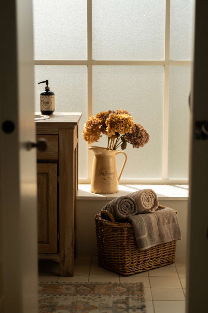 Rustic fall bathroom with weathered wooden vanity, ceramic pitcher with dried hydrangeas, and earth-toned textiles