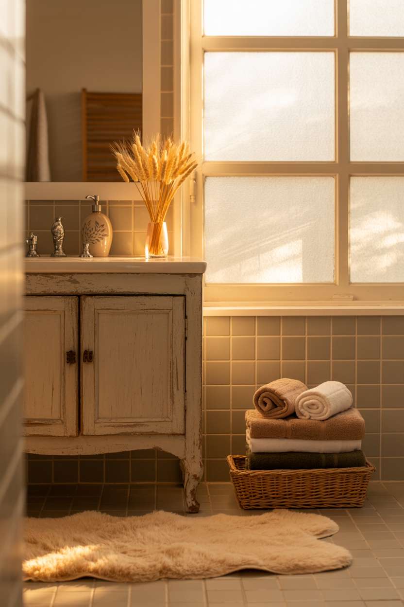 Peaceful bathroom with gray tiled walls, weathered wooden vanity, and dried wheat stalks in ceramic vase