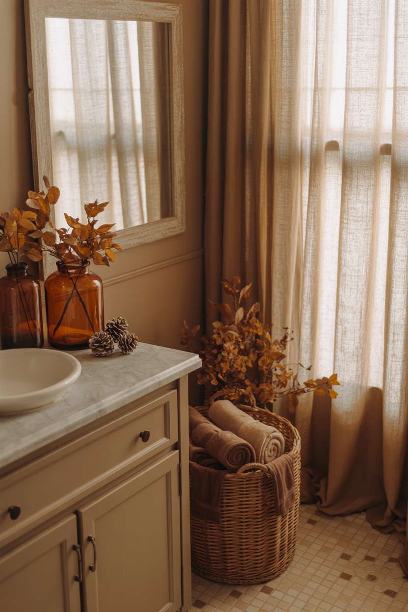 Wide-angle bathroom view with marble vanity, amber glass jars, dried leaves, and hexagonal tile flooring