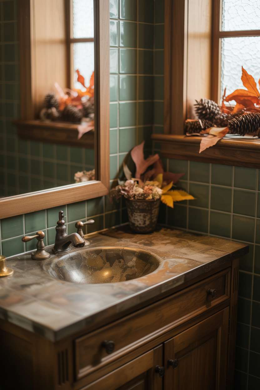 Rustic bathroom with weathered stone countertop, antique brass fixtures, and muted green tile wall
