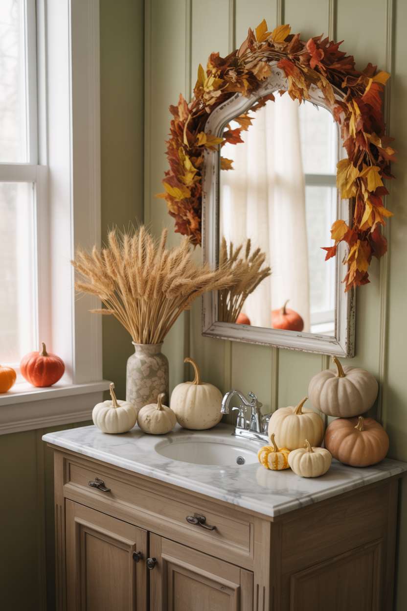 Charming half bathroom with marble vanity, varied pumpkins, dried wheat stalks, and sage green walls