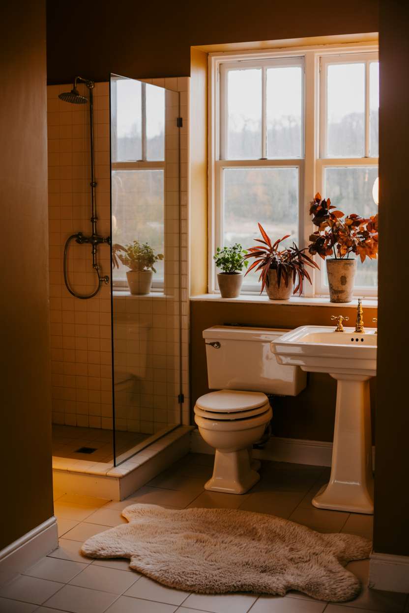 Serene bathroom with classic white fixtures, burgundy potted plants, and a cream-colored rug