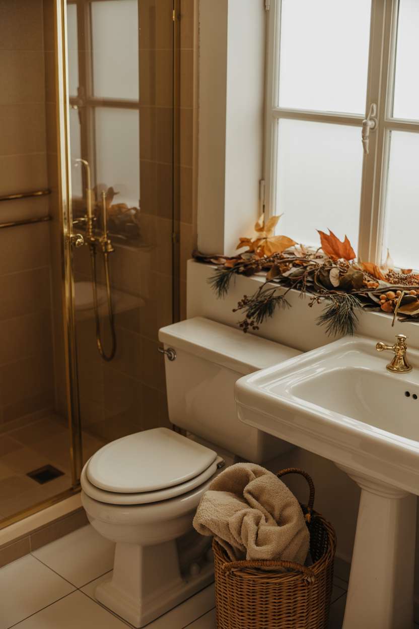 Cozy bathroom with vintage porcelain sink, brass fixtures, and windowsill decorated with dried leaves and pine