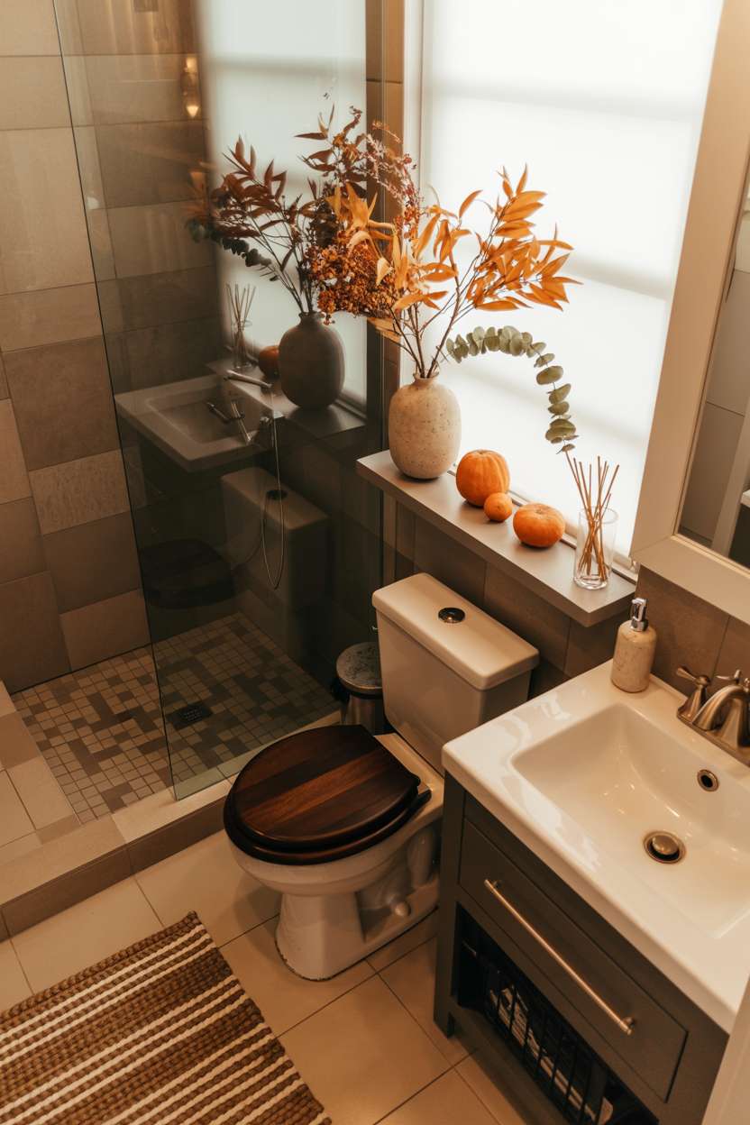 Contemporary bathroom with round toilet, brushed nickel fixtures, grey stone shower, and eucalyptus arrangement