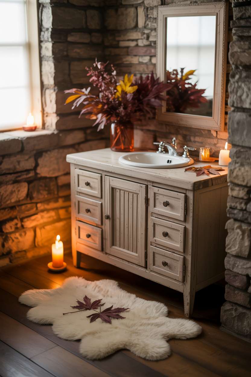 Quaint stone cottage bathroom with weathered wooden vanity, burgundy and gold leaves, and beeswax candle