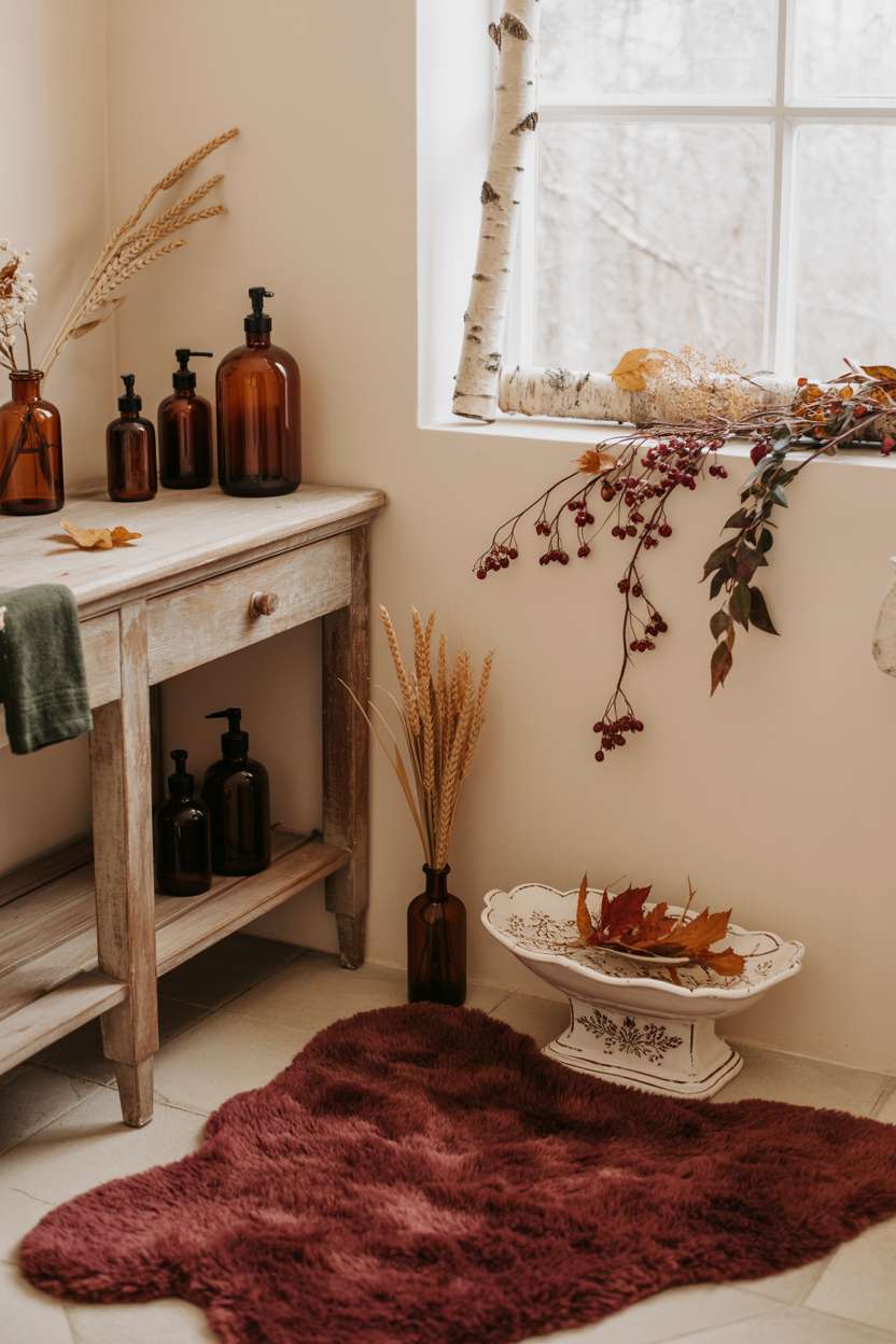 Cottage bathroom with pale cream walls, amber glass bottles, vintage porcelain soap dish, and burgundy rug