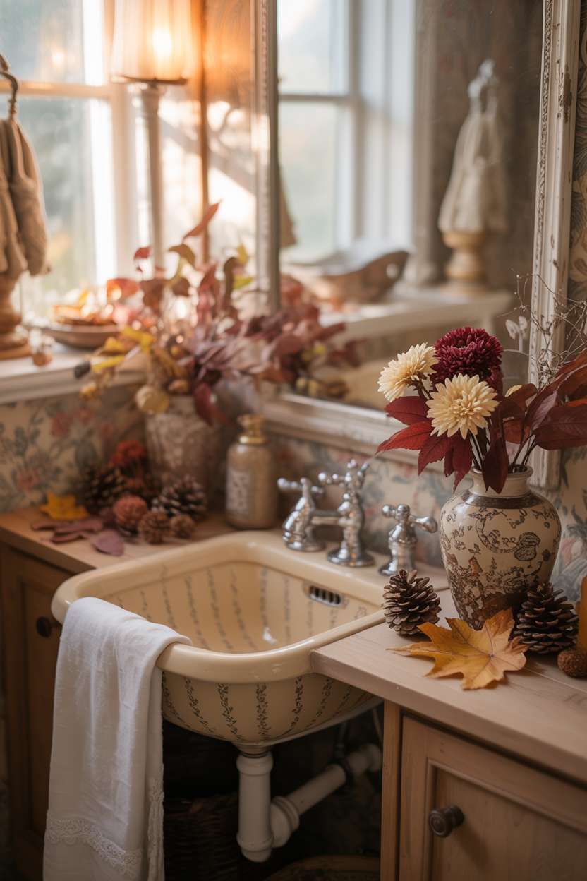 Vintage cottage bathroom with clawfoot sink, burgundy and cream flowers, and autumn-themed patterned wallpaper