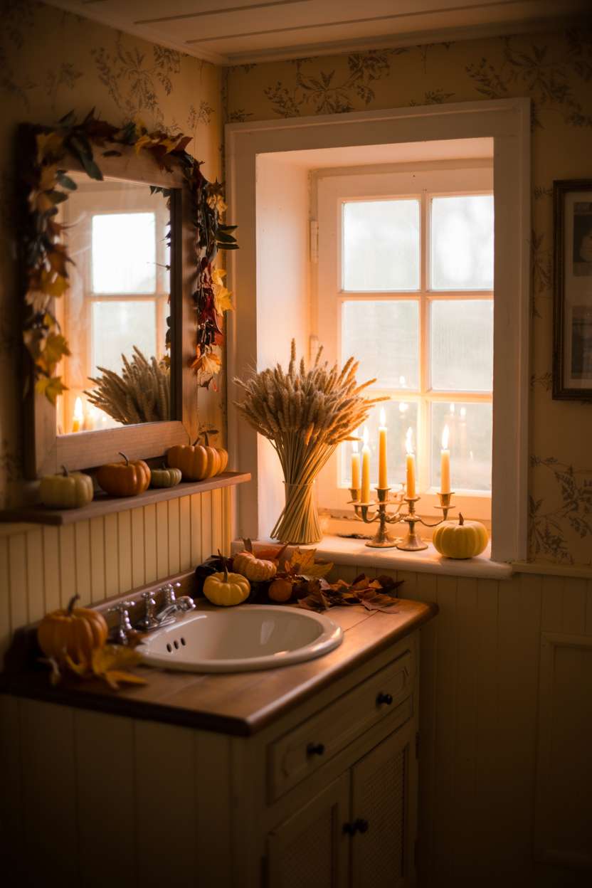 Cozy cottage bathroom with leaf-framed mirror, small pumpkins, dried wheat stalks, and floral wallpaper