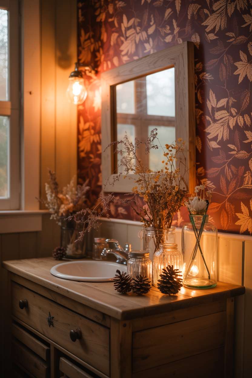 Warm bathroom with falling leaves wallpaper in red and gold, antique glass jars, and amber sconce lighting