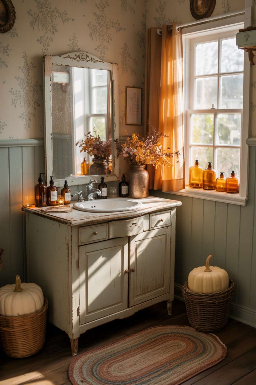 Cottage bathroom with antique vanity, amber glass bottles, ceramic pumpkin, and blue floral wallpaper