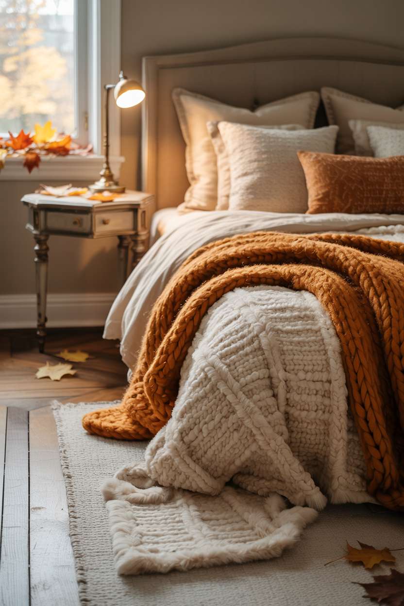 23 Cozy Fall Bedroom Decor Ideas for Instant Autumn Vibes 1 Luxuriously cozy fall bedroom with cream bedding, burnt orange throw, and maple leaves on windowsill