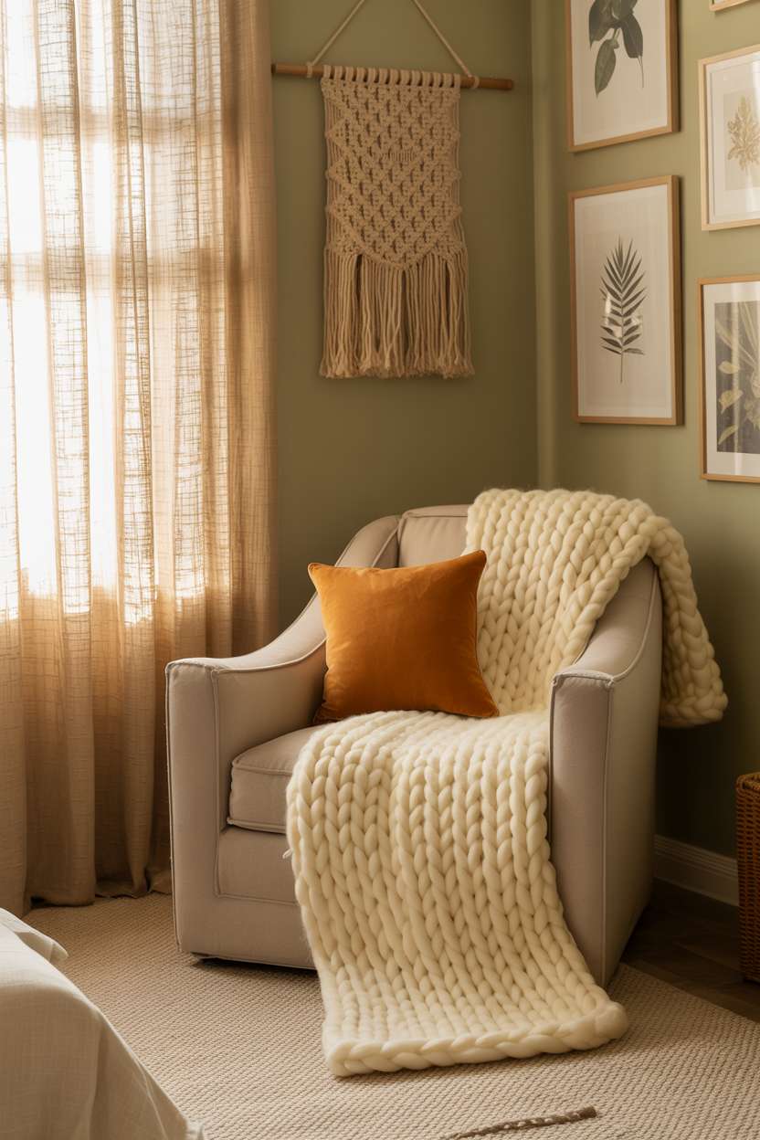 23 Cozy Fall Bedroom Decor Ideas for Instant Autumn Vibes 2 Cozy fall bedroom with sage green walls, cream armchair, and botanical gallery wall