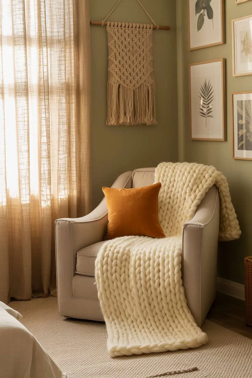 23 Cozy Fall Bedroom Decor Ideas for Instant Autumn Vibes 2 Cozy fall bedroom with sage green walls, cream armchair, and botanical gallery wall