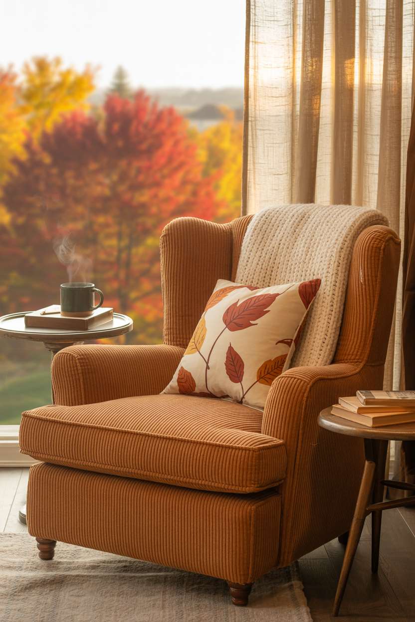23 Cozy Fall Bedroom Decor Ideas for Instant Autumn Vibes 3 Fall bedroom featuring burnt orange corduroy armchair with cream throw and autumn landscape view