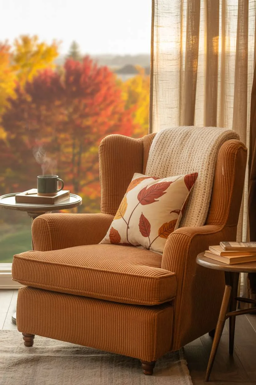 23 Cozy Fall Bedroom Decor Ideas for Instant Autumn Vibes 3 Fall bedroom featuring burnt orange corduroy armchair with cream throw and autumn landscape view