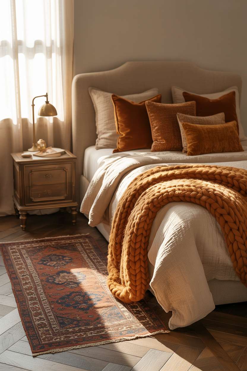 23 Cozy Fall Bedroom Decor Ideas for Instant Autumn Vibes 4 Cozy fall bedroom with layered cream bedding, brass lamp, and patterned Persian rug
