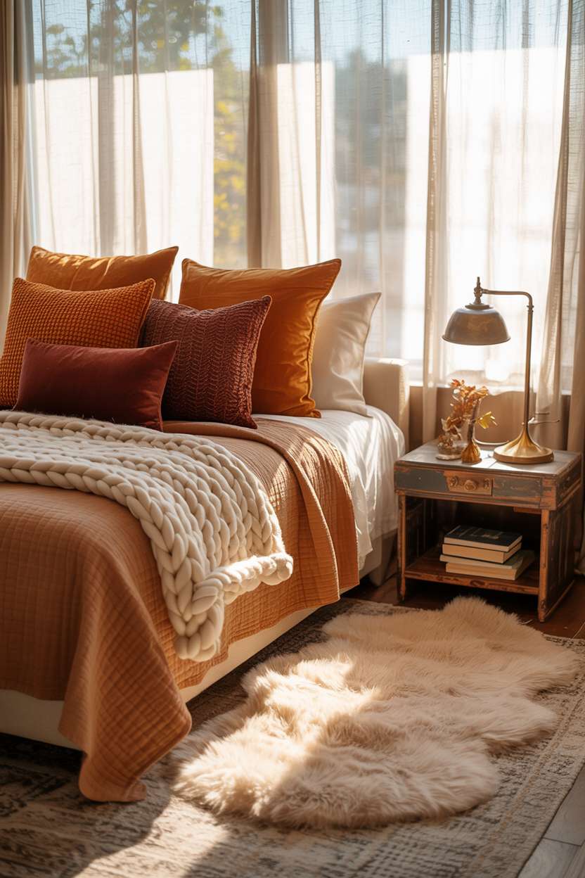 23 Cozy Fall Bedroom Decor Ideas for Instant Autumn Vibes 5 Fall bedroom with cream bedding, burgundy and burnt orange pillows, and rustic nightstand