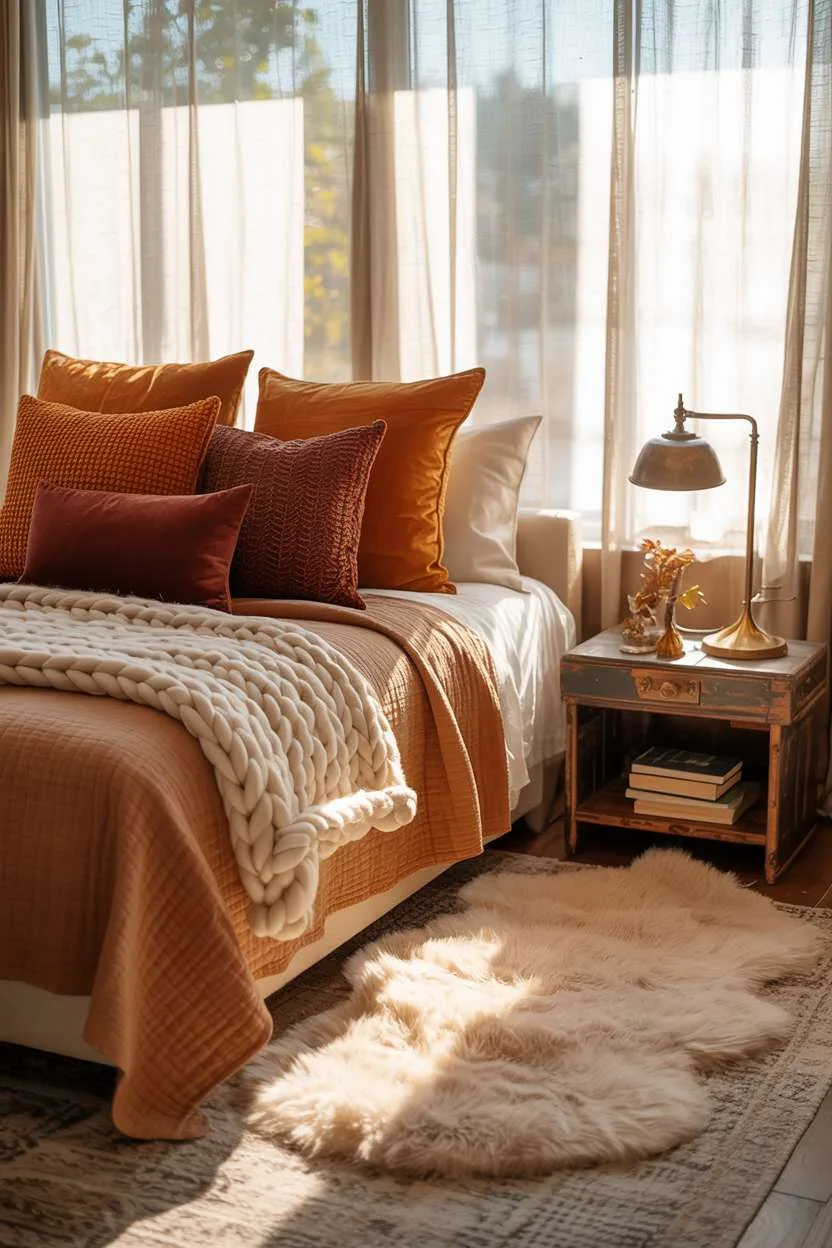 23 Cozy Fall Bedroom Decor Ideas for Instant Autumn Vibes 5 Fall bedroom with cream bedding, burgundy and burnt orange pillows, and rustic nightstand