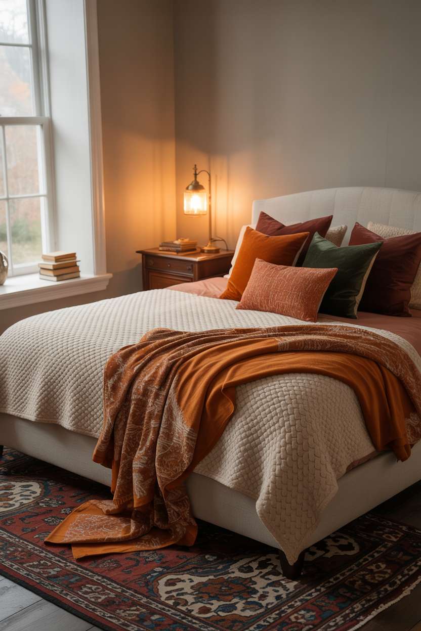 23 Cozy Fall Bedroom Decor Ideas for Instant Autumn Vibes 6 Stylish fall bedroom with geometric throw, forest green pillows, and warm grey walls