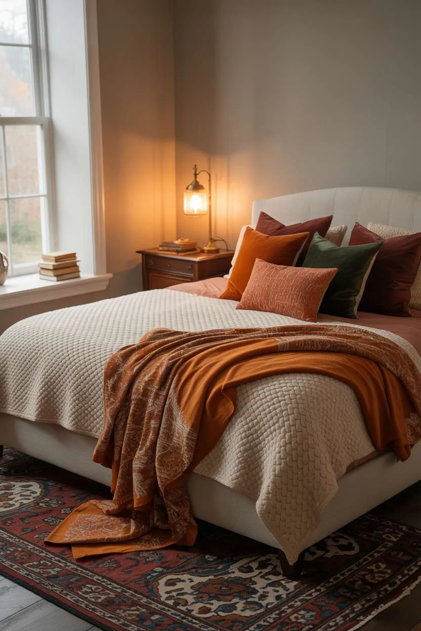 23 Cozy Fall Bedroom Decor Ideas for Instant Autumn Vibes 6 Stylish fall bedroom with geometric throw, forest green pillows, and warm grey walls