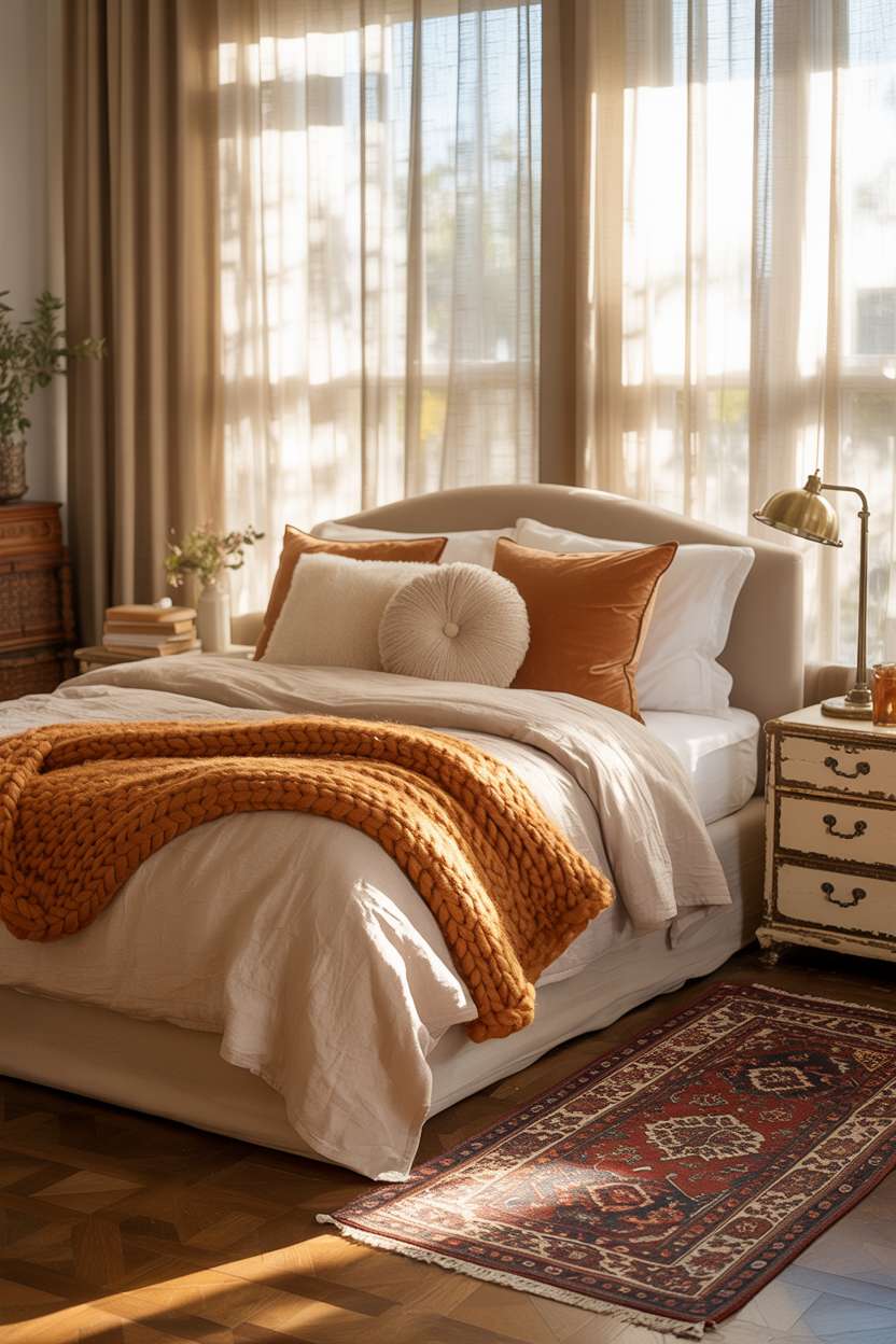 23 Cozy Fall Bedroom Decor Ideas for Instant Autumn Vibes 7 Luxurious fall bedroom with beige bedding, antique brass lamp, and Persian rug