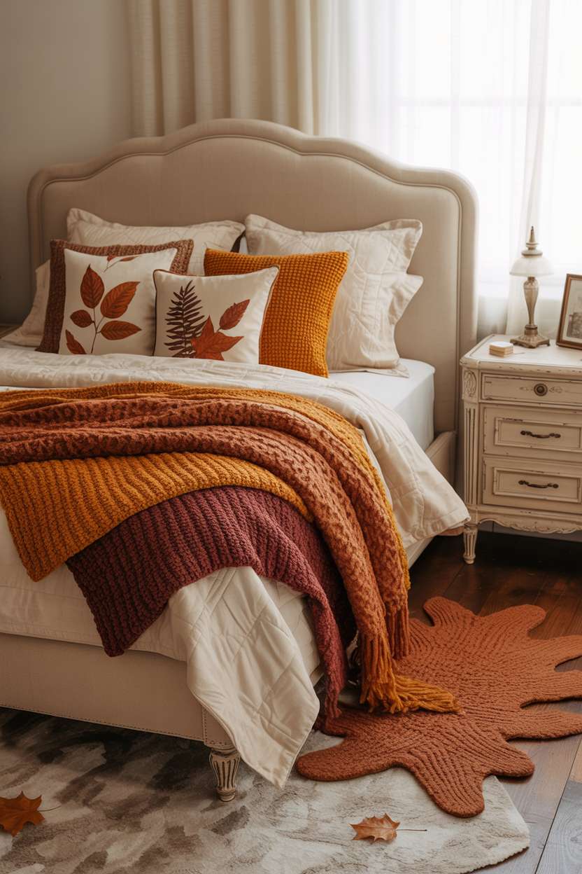 23 Cozy Fall Bedroom Decor Ideas for Instant Autumn Vibes 8 Cozy fall bedroom with cream bedding, leaf-patterned pillows, and textured autumn rug